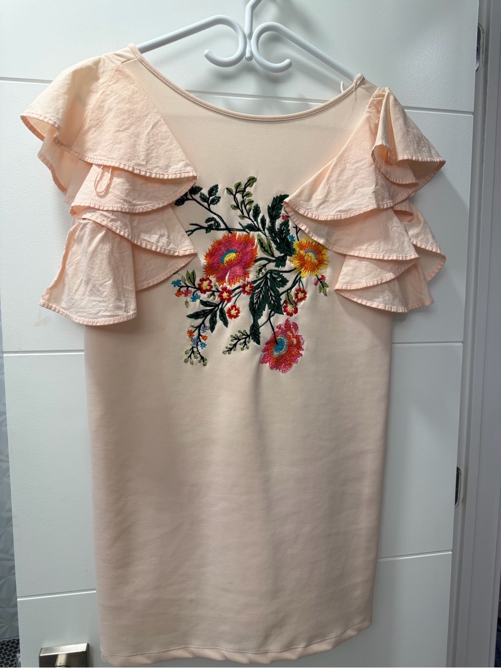 Zara Blush Pink Ruffle Sleeve Tunic with Floral Embroidery